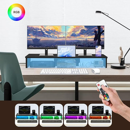 Dual Monitor Stand Riser with LED Lights and Phone Tablet Holder, 35.8in Large Monitor Stand for Desk, Computer Monitor Stand for 2 Monitors, Desktop Shelf Organizer for Laptop, Printer, TV