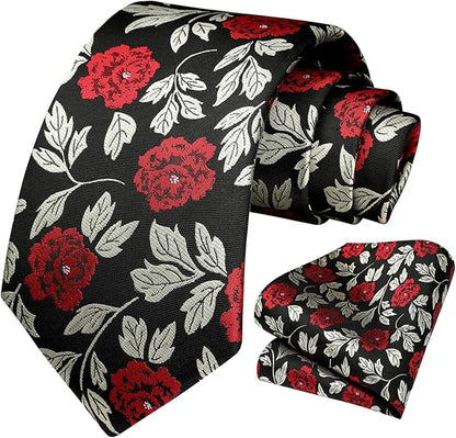 HISDERN Men Floral Ties Woven Classic 3.4" Necktie Set Formal Tie Pocket Square for Wedding with Handkerchief Gift Box