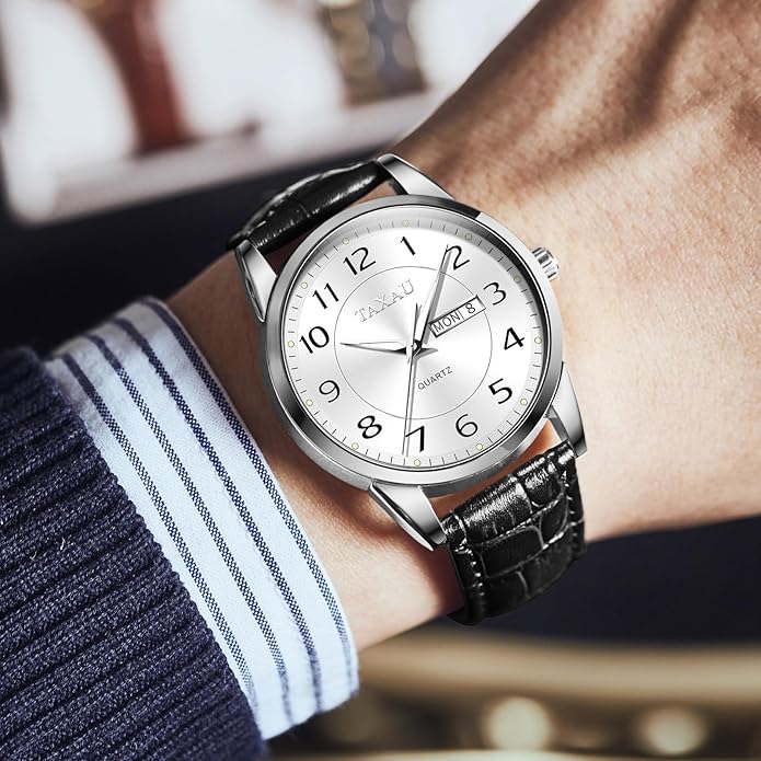Men's Watch Big Face Easy Read Arabic Numeral Dress Watches for Men Classic Black Brown Leather Band Analog Mens Wrist Watch with Day and Date Fashion Business Waterproof Luminous Quartz Watch