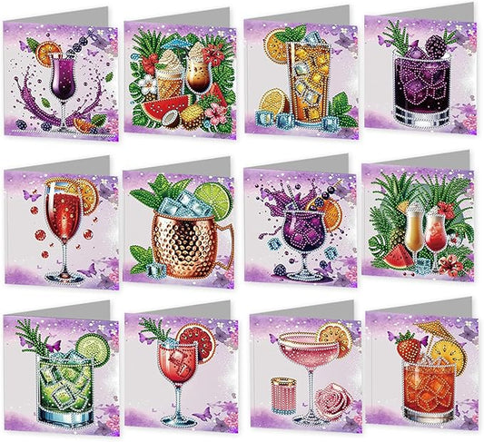 jinglinhh 12pcs Summer Fruit Juice Diamond Art Painting Greeting Cards with Envelopes, DIY Card Making Kits for Adults, Diamond Art Christmas Cards for Birthday Holiday Postcards Craft Gifts