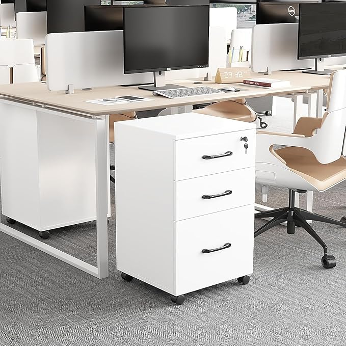 File Cabinet 3 Drawers with 1 Lock Wooden Rolling Mobile Filing Cabinet with Wheels for Home Office Under Desk File Cabinet Office Storage Cabinet, White
