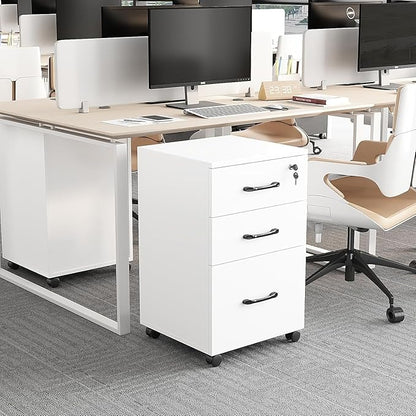 File Cabinet 3 Drawers with 1 Lock Wooden Rolling Mobile Filing Cabinet with Wheels for Home Office Under Desk File Cabinet Office Storage Cabinet, White