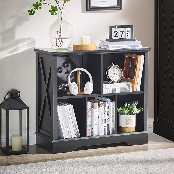 Book Shelf, 5 Cube Storage Organizer, 2-Tier Open Shelf Wooden Bookcase, Freestanding Wood Cube Storage Bookshelf for Bedroom, Living Room, Home Office (Black)