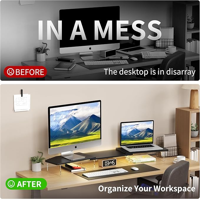 LED Dual Monitor Stand Riser for 2 Monitors, Office Desktop Wooden Stand Adjustable Length and Angle 3 Shelf, Extra Long Multifunctional Stand up to 44.4" for Computer, Laptop, TV, Black