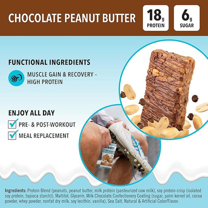 JiMMYBAR! Chocolate Peanut Butter Protein Bars 18g Protein Bar, 6g Low Sugar - 12 Count - 58g Health Bars - Functional Snack with Real Peanuts & Hand-Drizzled Chocolate
