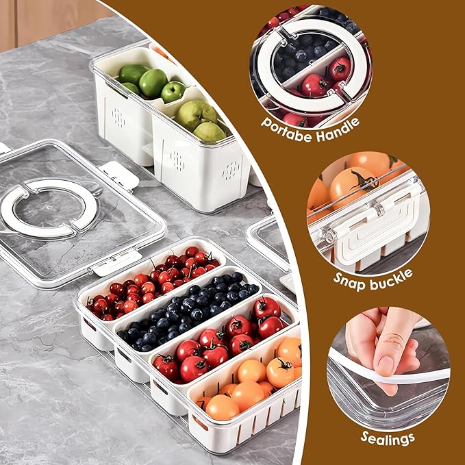 Snackle Box Container,2 Pack Divided Clear Snack Box Serving Tray with Lid and Handle,Charcuterie Board with Lid, Snack Organizer for Beach Picnic, Refrigerator Fresh, Party, Holidays and Travel