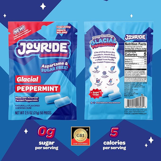 JOYRIDE Sour Worms - 3.5 oz 6-Pack Bundle with 2.5oz Glacial Peppermint Gum, Low Sugar, Low Calorie Snacks, Dye Free Candy (7 Items)