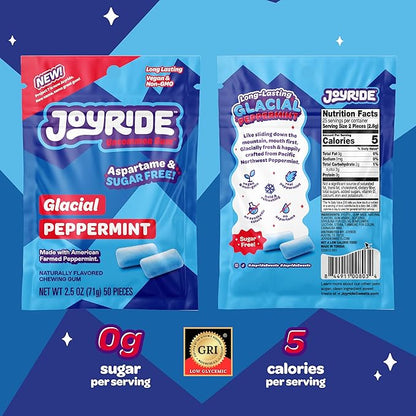 JOYRIDE Sour Worms - 3.5 oz 6-Pack Bundle with 2.5oz Glacial Peppermint Gum, Low Sugar, Low Calorie Snacks, Dye Free Candy (7 Items)