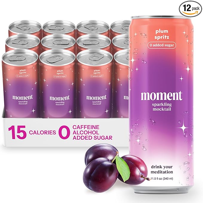 Moment Mocktails Non Alcoholic Drinks (Shark Tank) | SPARKLING Plum Spritz Adaptogen Drink | L-Theanine & Ashwagandha for Calm & Clarity | 0 Added Sugar 0 Caffeine | 12-pack