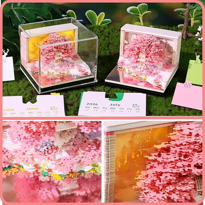Time Piece Calendar 2026 Desk Calendar 3D Memo Pad Weekly Calendar Tear-Away Paper Carving Art Notepad Gift for Thanksgiving Christmas Office Desktop Decoration-Pink Flower Island