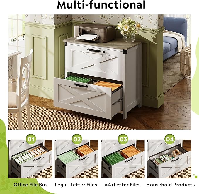 DEVAISE 2 Drawer Farmhouse File Cabinet with Lock, Lateral Filing Cabinet for Letter/Legal/A4 Size, Wood Printer Stand for Home Office, White
