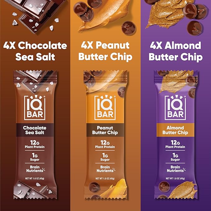 IQBAR Brain and Body Plant Protein Bars - Chocolate Lovers Variety - 12-Count - Keto, Vegan, Low Carb, High Fiber, Gluten Free, Dairy Free, Low Sugar Snack with Nutrients for Focus, Energy, Meal Replacement
