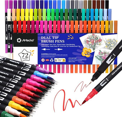 Artecho 72 Colors Markers for Adult Coloring Books, Dual Tip Markers for School, Fine and Brush Tip for Adults Coloring Books, Calligraphy, Drawing, Sketching