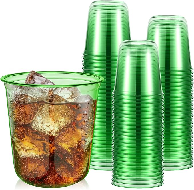 Disposable Stemless Glasses 12oz Crystal Plastic Wine Glasses Clear Classic Pet Cup for Meeting Weddings Birthdays Cocktail Christmas Party Supplies(Green,50 Pcs)