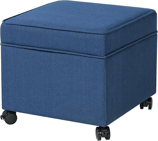 Adeco 17.5" Navy Blue Square Fabric Ottoman with Storage, Upholstered Cotton Linen Foot Rest, Flip Top Footstool, Small Cube Coffee Table Extra Seat for Living Room, Bedroom