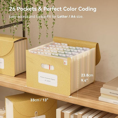 Accordion File Organizer, 26 Pockets Wheat Straw Expanding File Folder, Monthly Bill Receipt Organizer, A-Z Tabs, 100% BPA Free, Return to Nature, Healthy Living, Letter/A4 Size-Wheat Yellow
