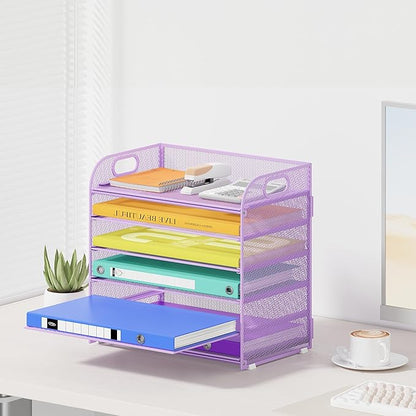 6 Tier Paper Organizer with Handle, Metal Desk Organizer Mesh Paper Letter Tray Desktop File Folder Document Sorter for Classroom, School, Office Accessories Organization and Storage - Purple