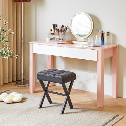 IBUYKE Square Makeup Stool with X-Leg Foot Rest, PU Footrest, Ottoman Seat Vanity Stool, Multi-Use as Small Side Table, for Bedroom, Living Room, Black LG-71B