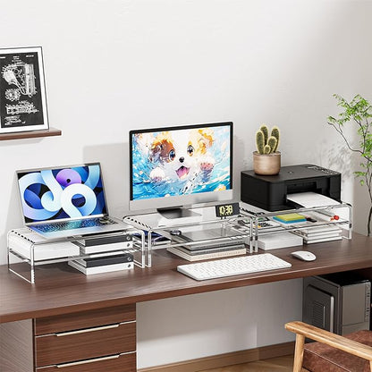 Clear Acrylic Monitor Stand Riser 2 Tier, 5.12 Inches High Clear Computer Desk Organizer Shelf for Multi Media PC Storage Laptop