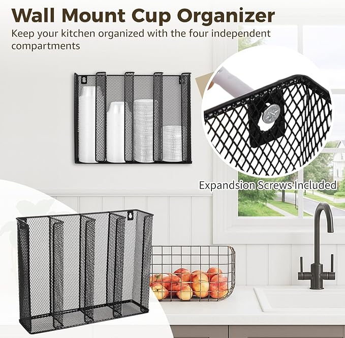 Wall Mount Portion Sauce Cup Lid Organizer, Black Metal Mesh Sauce Cup Dispenser, 4 Compartment for Stacking Plastic Disposable Cup and Lid Storage For Kitchen Restaurant Coffee Bar,Easy Installatio
