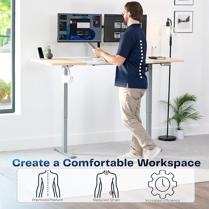 VIVO Electric 71 x 30 in Standing Desk, Memory Height Adjustment, 1B Series, White and Light Wood, Top Gray Frame, DESK-KIT-1G7WC