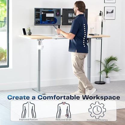 VIVO Electric 71 x 30 in Standing Desk, Memory Height Adjustment, 1B Series, White and Light Wood, Top Gray Frame, DESK-KIT-1G7WC