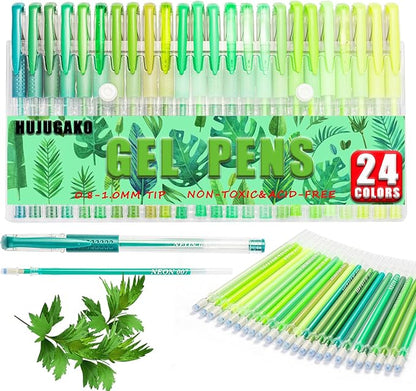 48 Pack Green Gel Pens, 24 Colored Gel Pen with 24 Refills,40% More Ink Write Smooth for Adults Coloring Books Drawing Doodling Scrapbooks Bullet Journaling