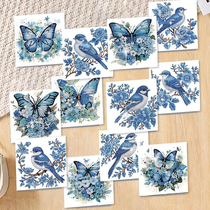 jinglinhh 12pcs Diamond Art Painting Butterfly Bluebird Greeting Cards with Envelopes, DIY Card Making Kits for Adults, Diamond Art Postcards Christmas Cards Craft Gifts