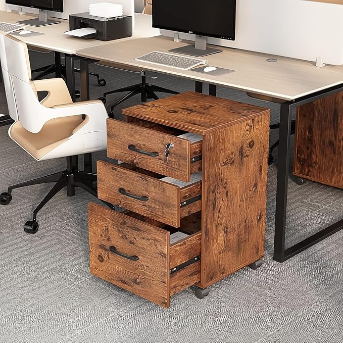 File Cabinet 3 Drawers with 1 Lock Wooden Rolling Mobile Filing Cabinet with Wheels for Home Office Under Desk File Cabinet Office Storage Cabinet, Brown