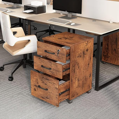 File Cabinet 3 Drawers with 1 Lock Wooden Rolling Mobile Filing Cabinet with Wheels for Home Office Under Desk File Cabinet Office Storage Cabinet, Brown