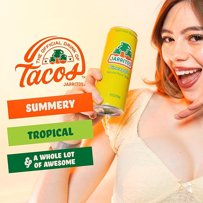 Jarritos - Mexican Soda Soft Drinks, Pineapple (12 oz, 355ml) 24 Cans (3 Boxes of 8) - Real Cane Sugar - 140 Calories, 0g Fat - Made in Mexico - Natural Flavor Soda Pop - Party & BBQ Beverages