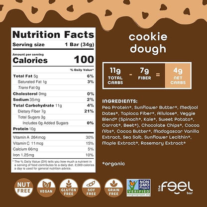 Feel Bar Minis – Kids Protein Bars | Cookie Dough – 12 Pack | 10g Plant Protein | 100 Calories | No Added Sugar | + Daily Veggies | Gluten Free, No Nuts, No Soy, No Dairy, No Grains