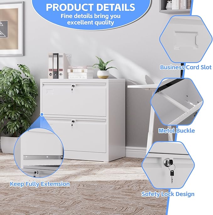 SUXXAN Metal 2 Drawer Lateral File Cabinet with 2 Lock - Wide Filing Cabinet for Letter/Legal/F4/A4 Hanging Files - Includes Business Card Holder,Home Office School Storage,White
