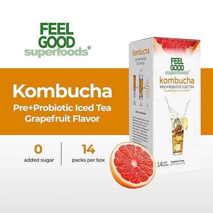 FeelGood Superfoods Kombucha Iced Tea Packets, Delicious Grapefruit Flavored Refreshing Instant Kombucha Powder Fizzy Drink, Probiotic Supplement for Gut Health, 14 pack
