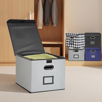 Collapsible File Box with Lid & Plastic Slide - Hanging Document Organizer for Office/Home, 14.96x12.6x10.83 Inch,Decorative Home File Bin,Light Grey, 1 Pack (No Folders Included)