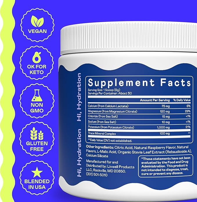 Hi-Lyte K1000 Electrolytes Powder Blue Raspberry Keto & Performance, 50 Servings - 1000mg Potassium + Magnesium, Sodium, Trace Minerals - 0 Carbs, 0 Sugar