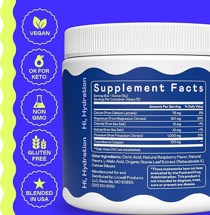Hi-Lyte K1000 Electrolytes Powder Blue Raspberry Keto & Performance, 50 Servings - 1000mg Potassium + Magnesium, Sodium, Trace Minerals - 0 Carbs, 0 Sugar