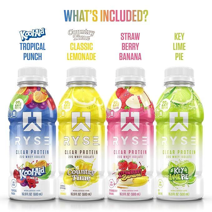 RYSE Clear Protein Drink - Variety Pack - 100 Calories, 22g Whey Isolate Protein Shake, Sugar-Free, 0g Fat & Lactose-Free - Refreshing Ready-to-Drink Beverage - 16.9 fl oz Bottles (12-Pack)