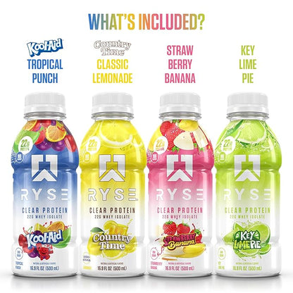 RYSE Clear Protein Drink - Variety Pack - 100 Calories, 22g Whey Isolate Protein Shake, Sugar-Free, 0g Fat & Lactose-Free - Refreshing Ready-to-Drink Beverage - 16.9 fl oz Bottles (12-Pack)
