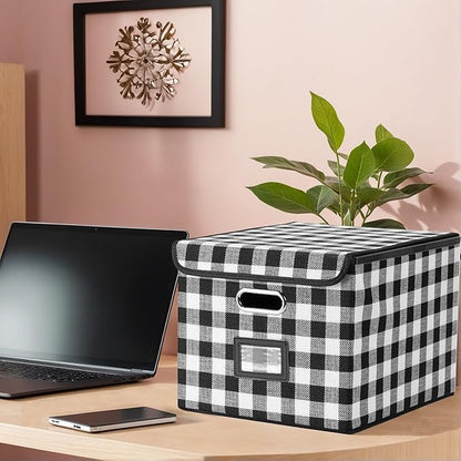 Collapsible File Box with Lid & Plastic Slide - Hanging Document Organizer for Office/Home, 14.96x12.6x10.83 Inch,Decorative Home File Bin,Black and White Lattice, 1 Pack