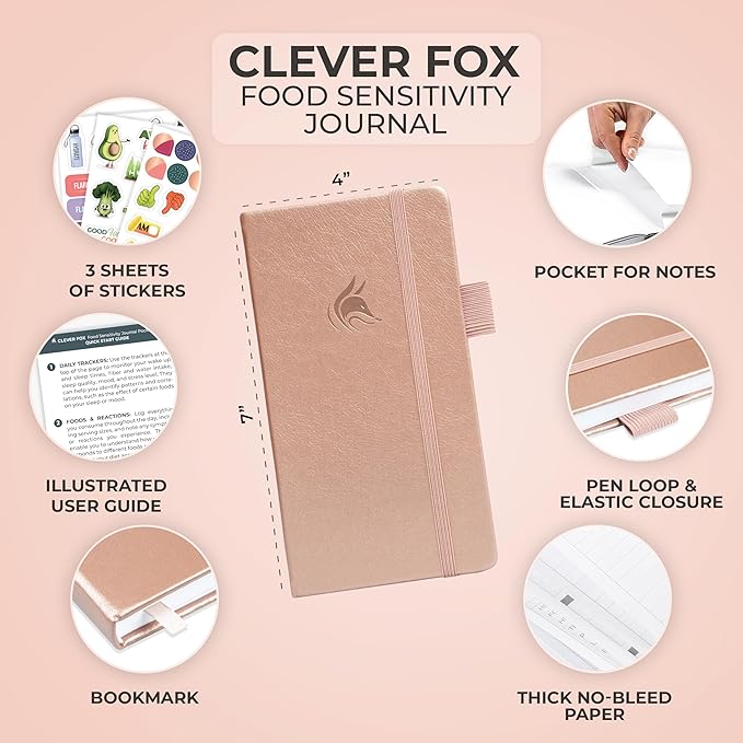 Clever Fox Food Sensitivity Journal Pocket – Daily Intolerance & Symptom Log for IBS, Diabetic, Low Fodmap, Elimination Diet – Health Tracker, 3.7x6.7 (Rose Gold)
