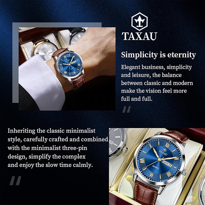 Mens Watches Luxury Dress Waterproof Leather Watch with Date Day Analog Quartz Large Number Wrist Watch Casual Classic Luminous Scales Big Face Easy Read Reloj para Hombre