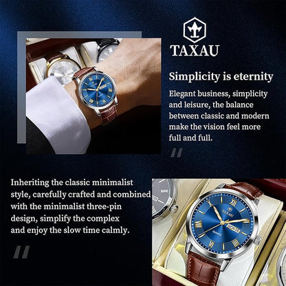 Mens Watches Luxury Dress Waterproof Leather Watch with Date Day Analog Quartz Large Number Wrist Watch Casual Classic Luminous Scales Big Face Easy Read Reloj para Hombre