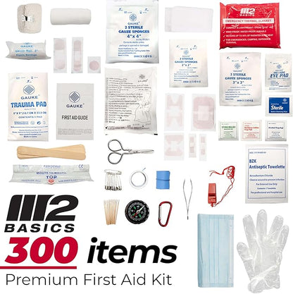 M2 BASICS Premium First Aid Kit, 300 Pieces, 40 Unique Items – First Aid Kit for Home, Car, Vehicles, Business, Travel, Outdoors, Camping, Travel Sports – Durable Bag, Emergency Medical Supplies