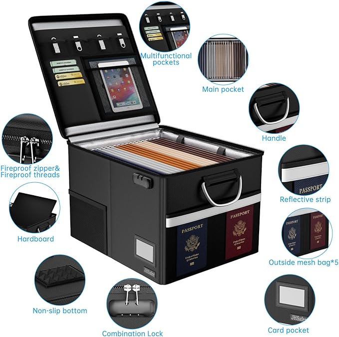 5200℉ Fireproof Document Box with Lock, Waterproof File Organizer with Handle, Portable Collapsible Filing Cabinet with Reflective Strip for Hanging Letter/Legal Folder, Black