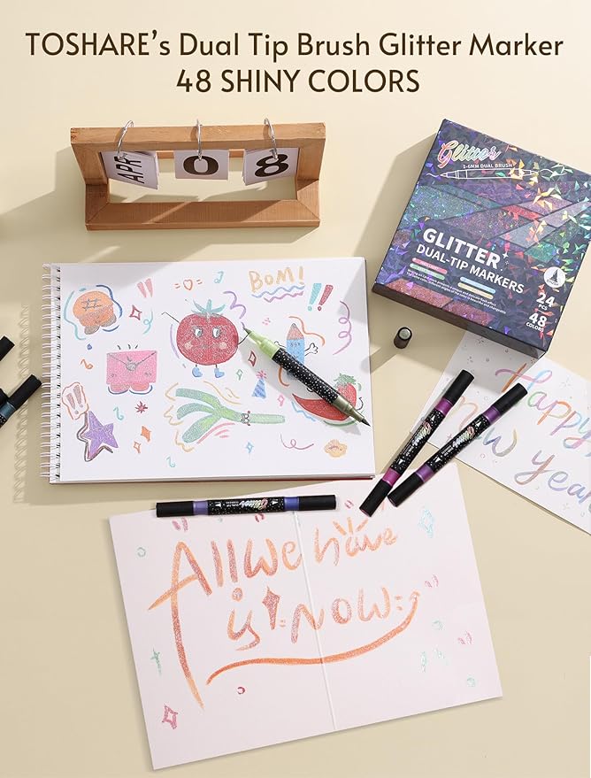 48 Colors Glitter Markers Pens Dual Tip 24 Pack Glitter Brush Markers Professional Glitter Paint Pens Set Sparkle Pen for Coloring, Journals, Planners, Scrapbooking & Card Making
