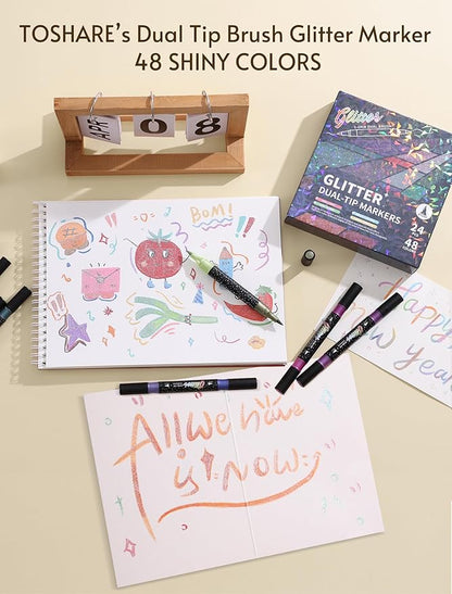 48 Colors Glitter Markers Pens Dual Tip 24 Pack Glitter Brush Markers Professional Glitter Paint Pens Set Sparkle Pen for Coloring, Journals, Planners, Scrapbooking & Card Making