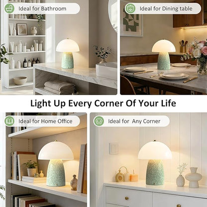 11" Mushroom Table Lamp, Small Ceramic Desk Bedside Lamp with Touch Control 3-Way Dimmable & Glass Shade, Modern Nightstand Lamp for Living Room Bedroom Home Office Crackle Texture Decor-Green