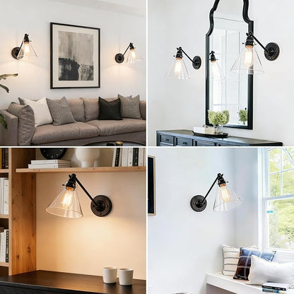 Industrial Vintage Slope Pole Wall Mount Single Sconce with Funnel Flared Clear Glass Shade, Swing Arm Wall Sconce Light Lamp Fixture Hardwired
