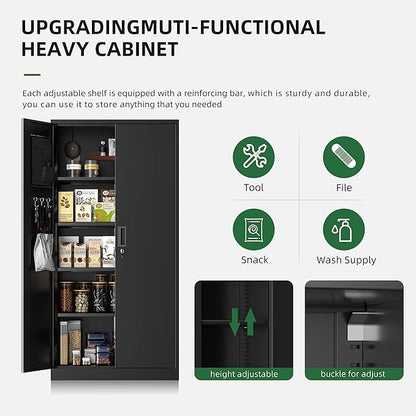 Greenvelly Storage Cabinet with Pegboard,72" Black Garage Steel Locking Cabinet with Doors and 4 Adjustable Shelves,Metal Garage Cabinet for Home Office,Pantry,School(36" Wx18 D)